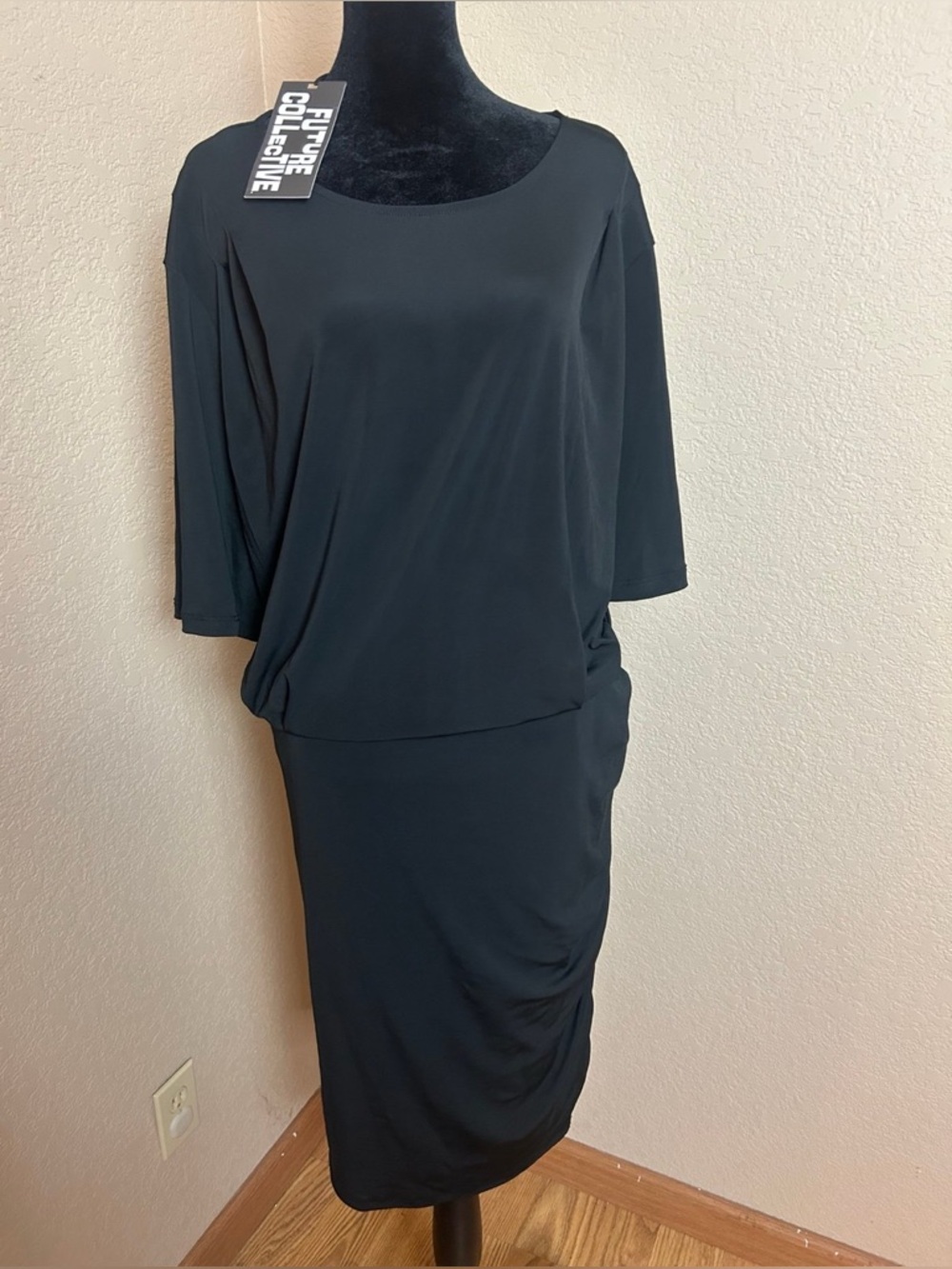 Future Collective Black Midi Draped Crewneck Dress